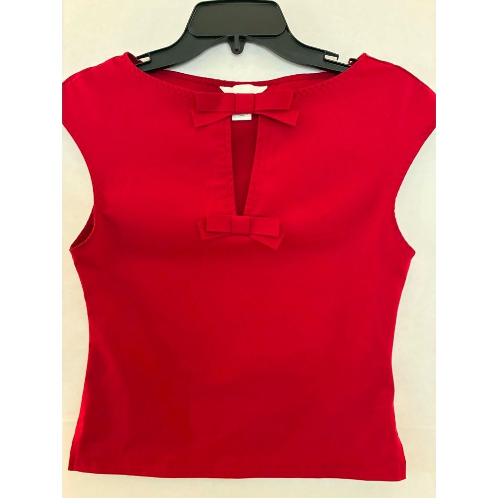 H&M Womens XS Red Sleeveless Bow Front Keyhole Blouse Top Career Office